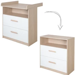 Cassettiera fasciatoio, 2 cassetti + 1 ripiano naturale bianco – roba