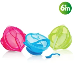 Nuby scodella 300ml con ventosa, coperchio e cucchiaino, assortita