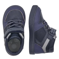 Polacchino foil blu stringhe e velcro con tocco bianco – chicco