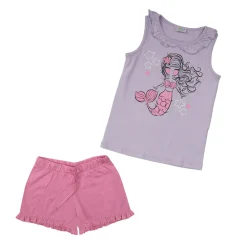 Set 2 pezzi cabotta + pantaloncino lilla/rosa stampato