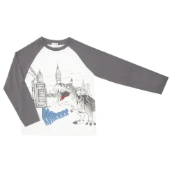 T-shirt maniche lunghe bimbo grigio/panna stampa “dino”